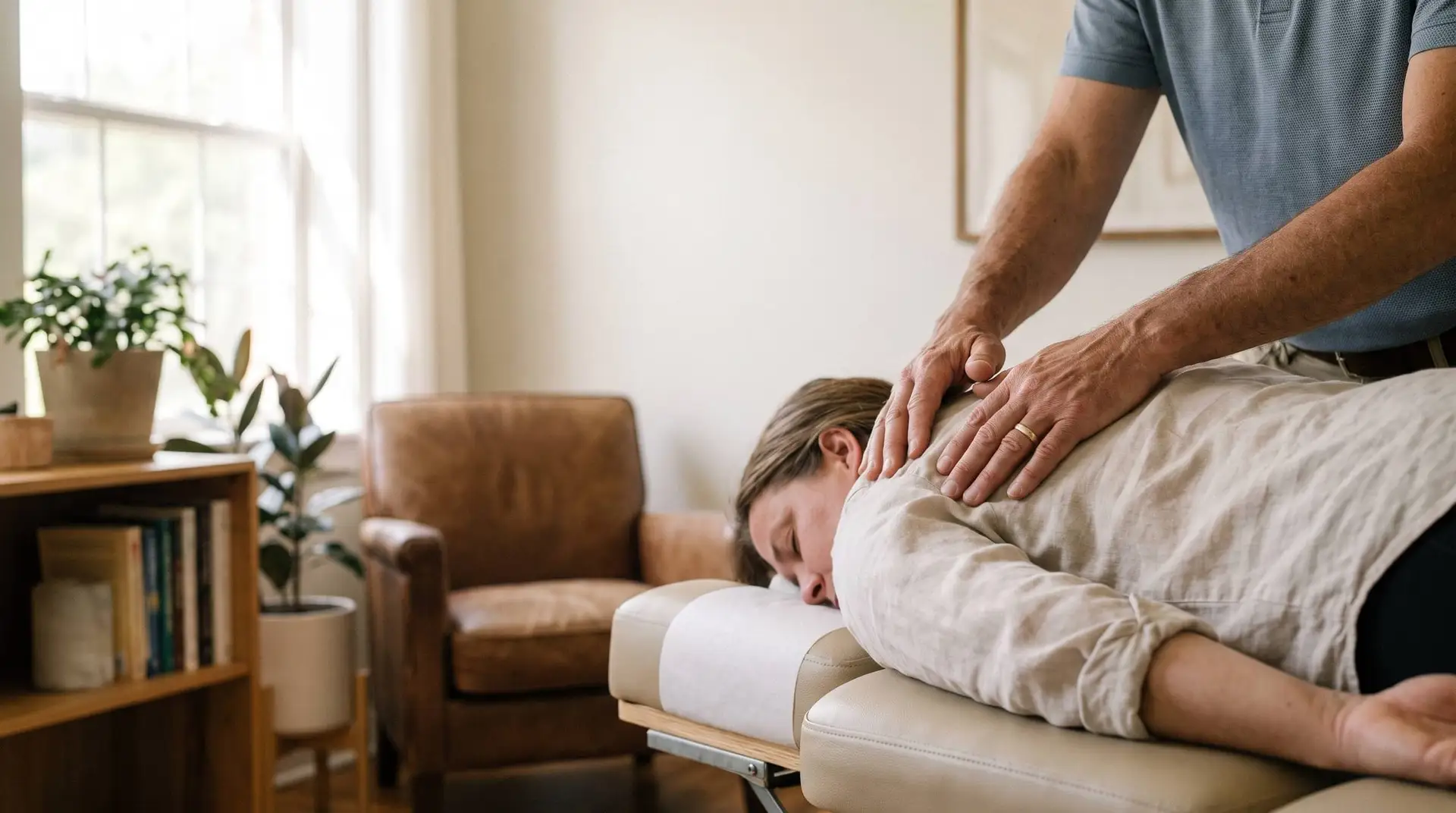 Chiropractic Adjustments — Practitioner's hands adjusting a patient's upper back