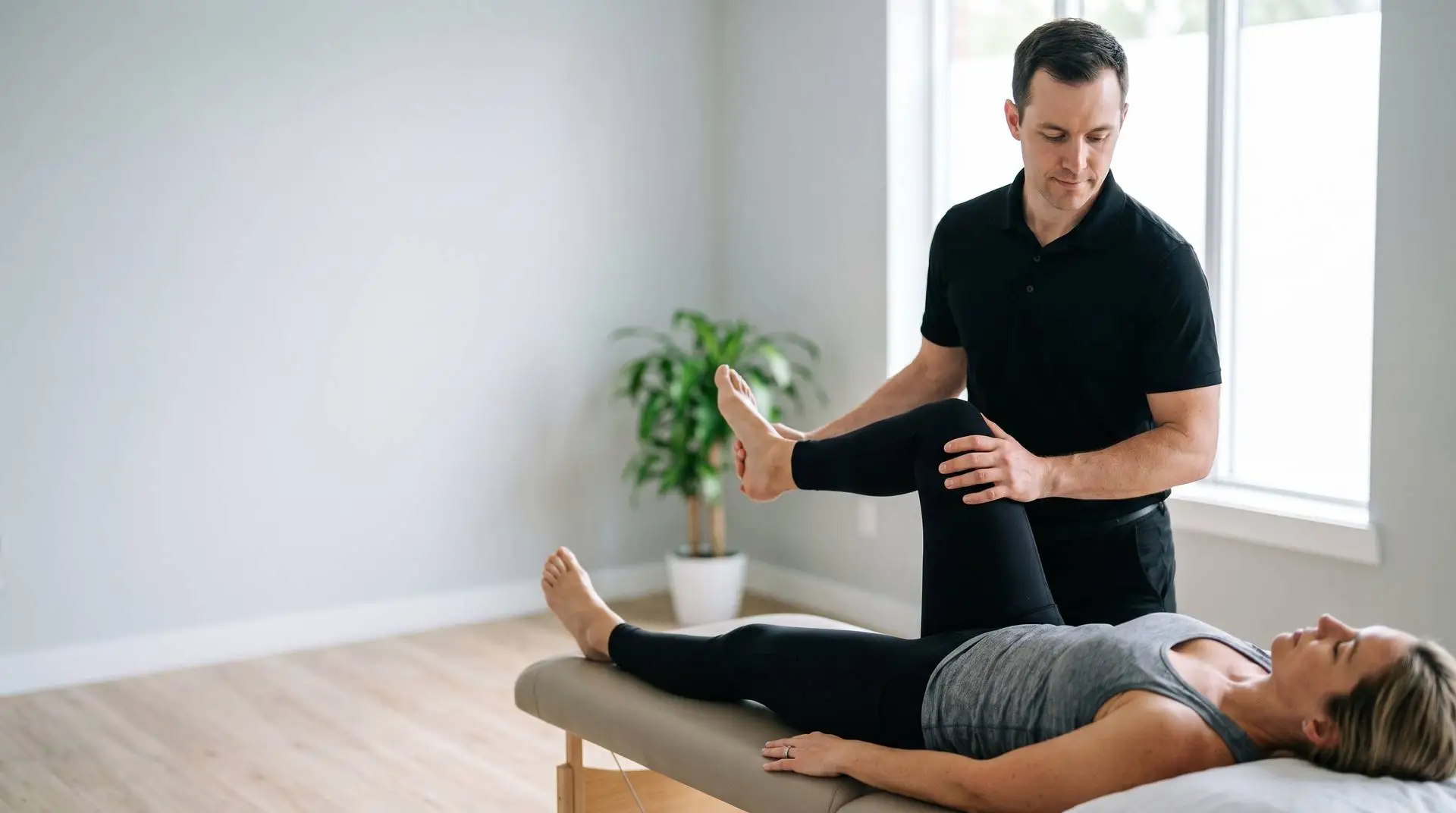 Therapist stretching a lying patient's leg
