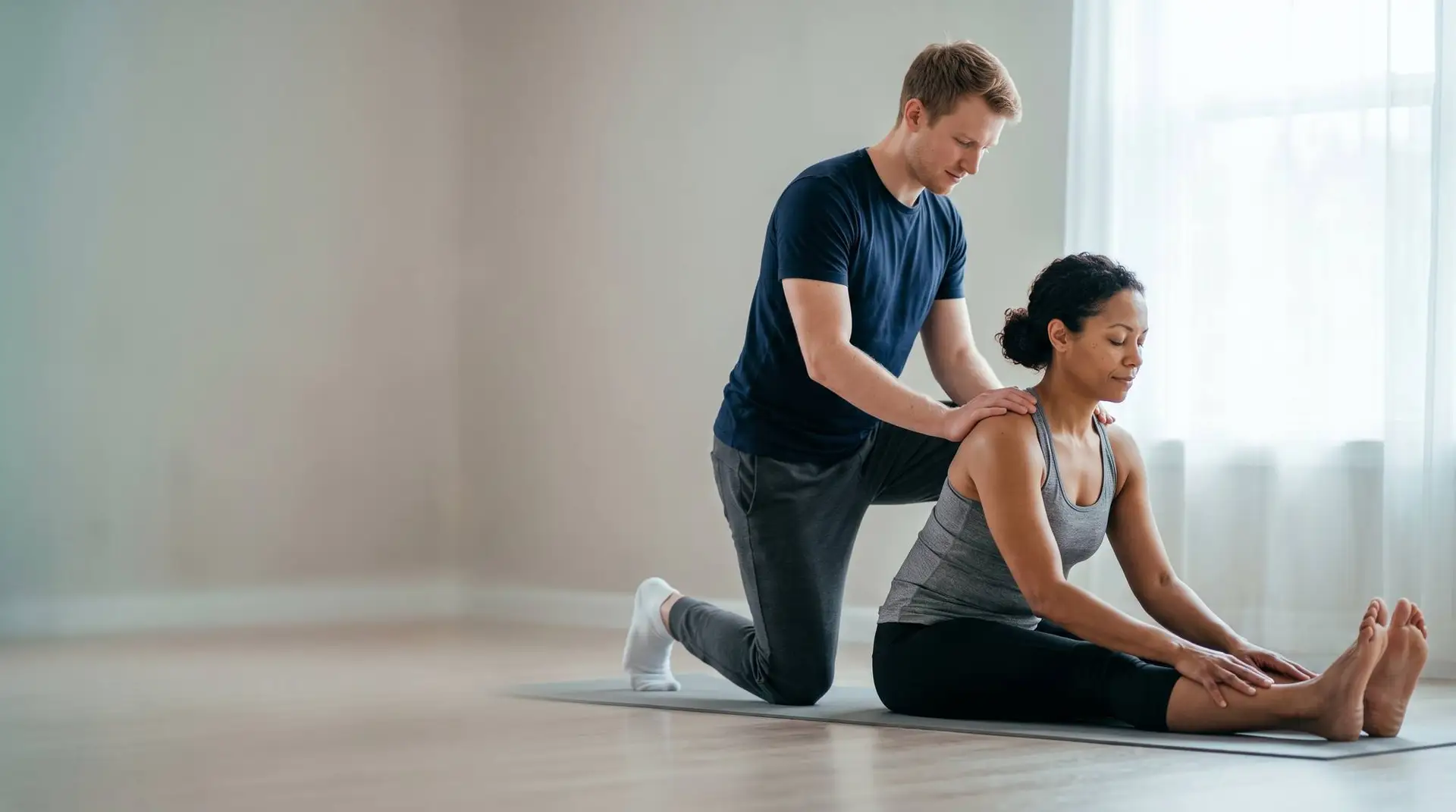 Therapist assisting a seated forward stretch on mat
