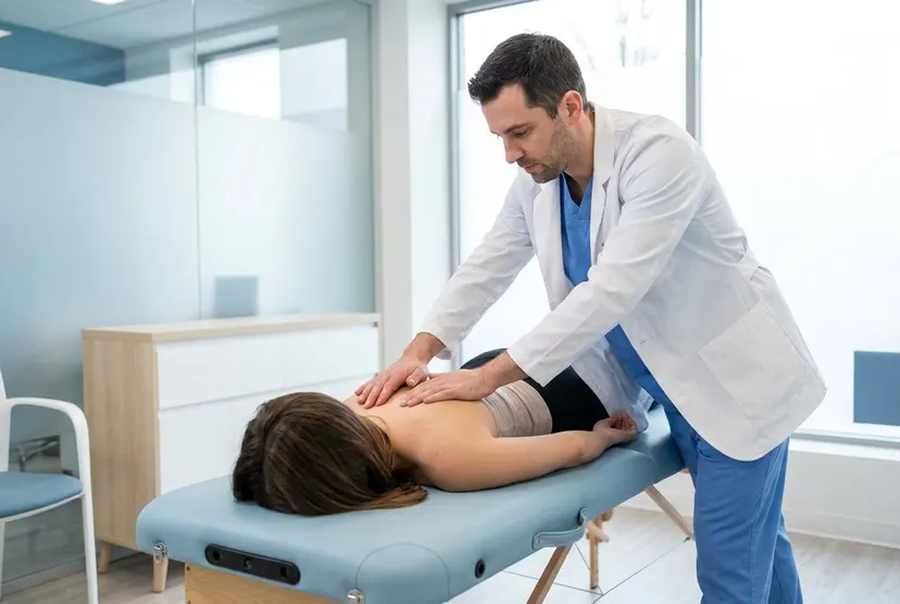 Chiropractor adjusting a patient's back on a table