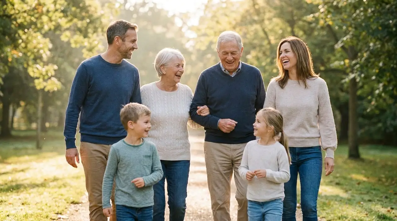 Multigenerational family walking together in a sunny park