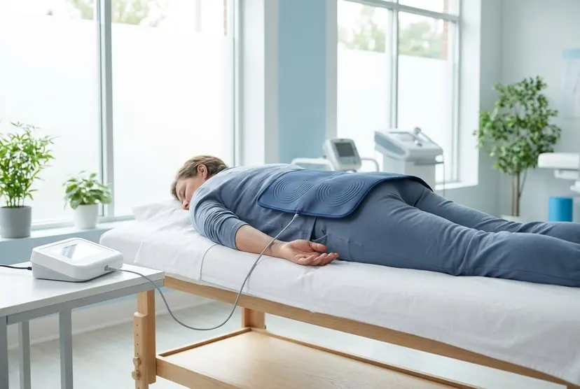 Patient lying prone with PEMF mat on back