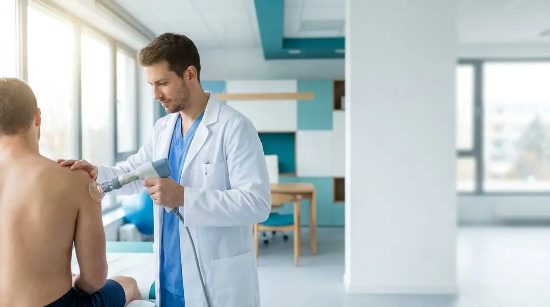 SoftWave Therapy — Clinician applying shockwave device to a patient's shoulder